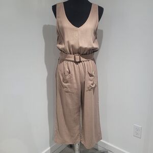 One Clothing Women's V-Neck Cropped Belted Jumpsuit Large Tan Utility Chic